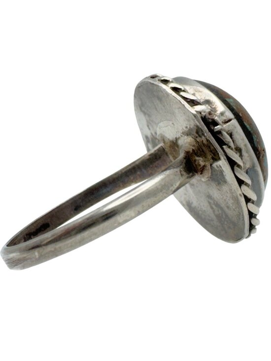 Sterling Silver Ring Turquoise Cabochon Twisted Rope Size 8 Artisan-Made Vintage - Picture 8 of 10